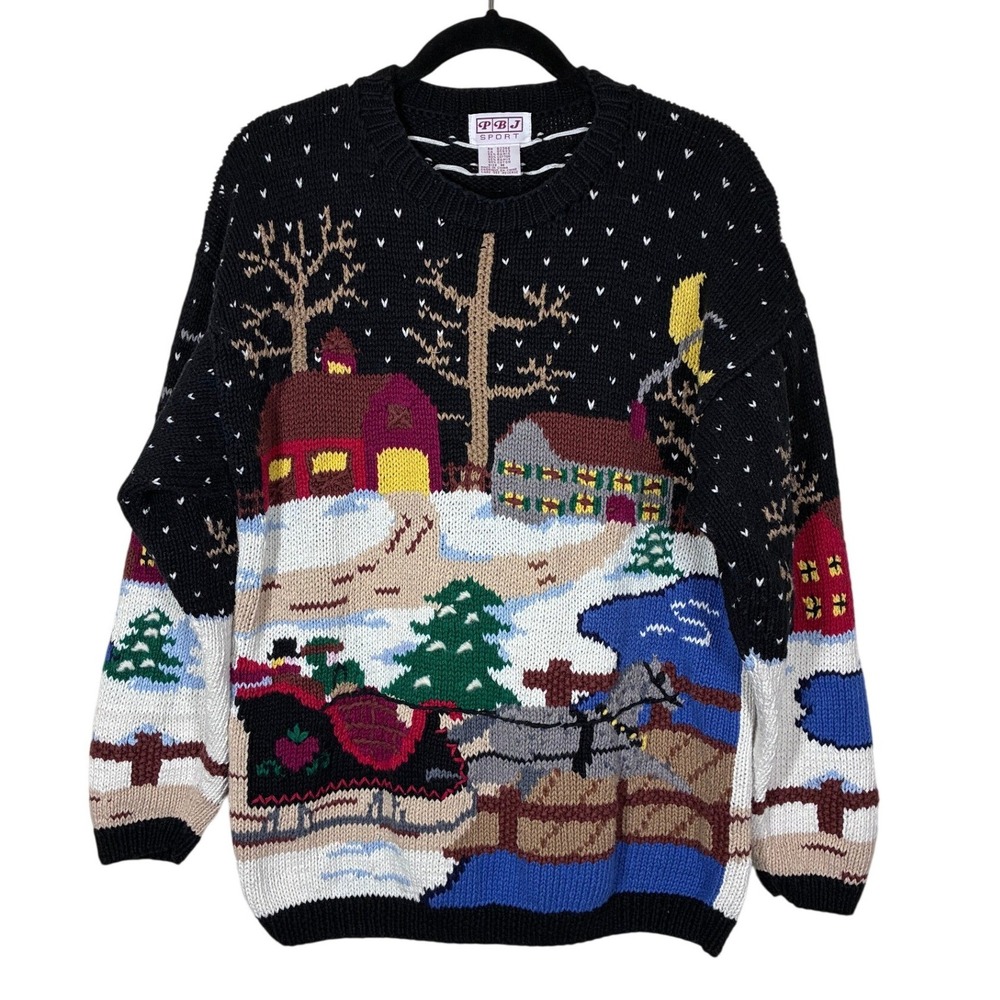 Vintage PBJ‎ Sport Sleigh Ride Winter Scene Sweater Black Ramie Cotton M Holiday